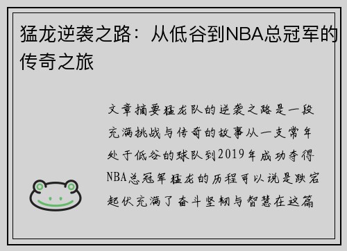 猛龙逆袭之路：从低谷到NBA总冠军的传奇之旅